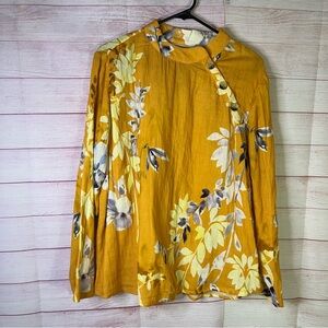 Soft Surroundings Pauleena 100% Cotton Yellow Floral Button Neck‎ Blouse Medium